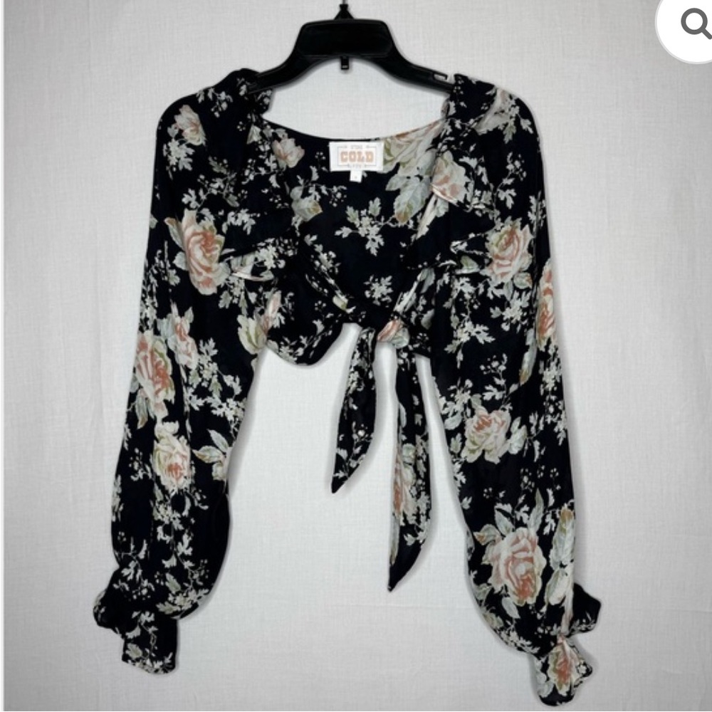 Black SILK Floral Tie-Front Long-Sleeve Top